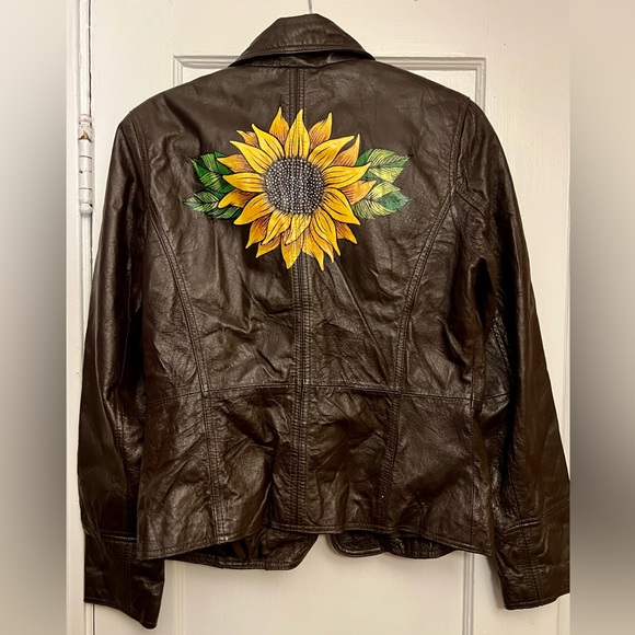 OOAK Vintage Brown Genuine Leather Jacket with Hand Painted Sunflower - Picture 2 of 2